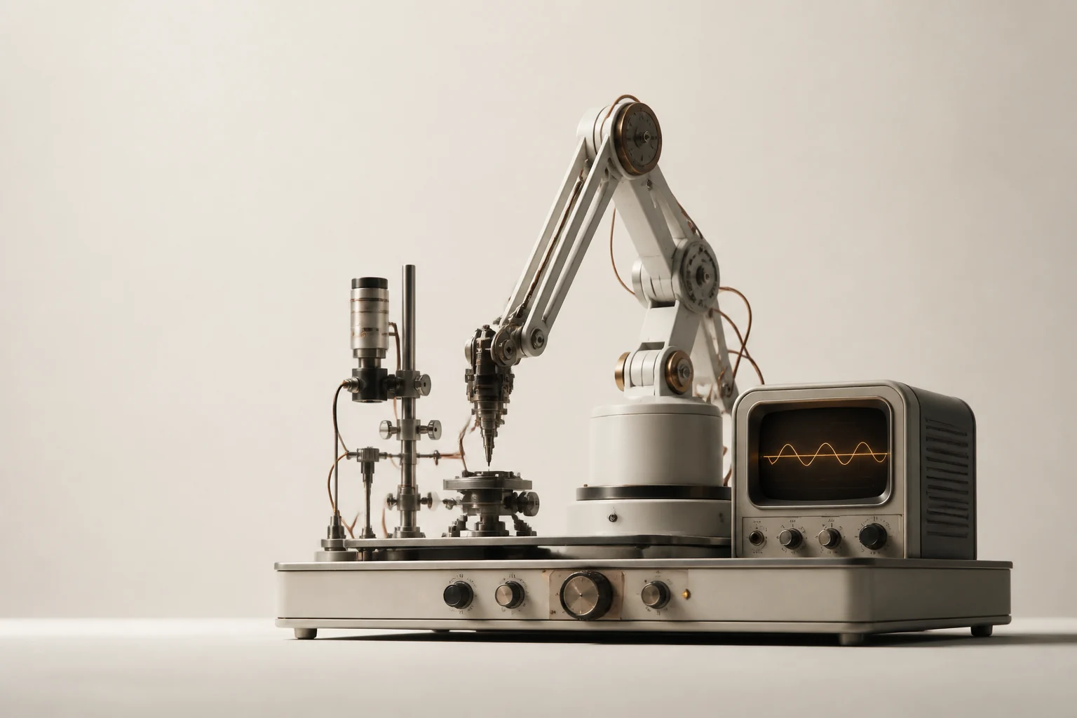 A white robotic arm working over a test bench beside an oscilloscope showing a sine wave