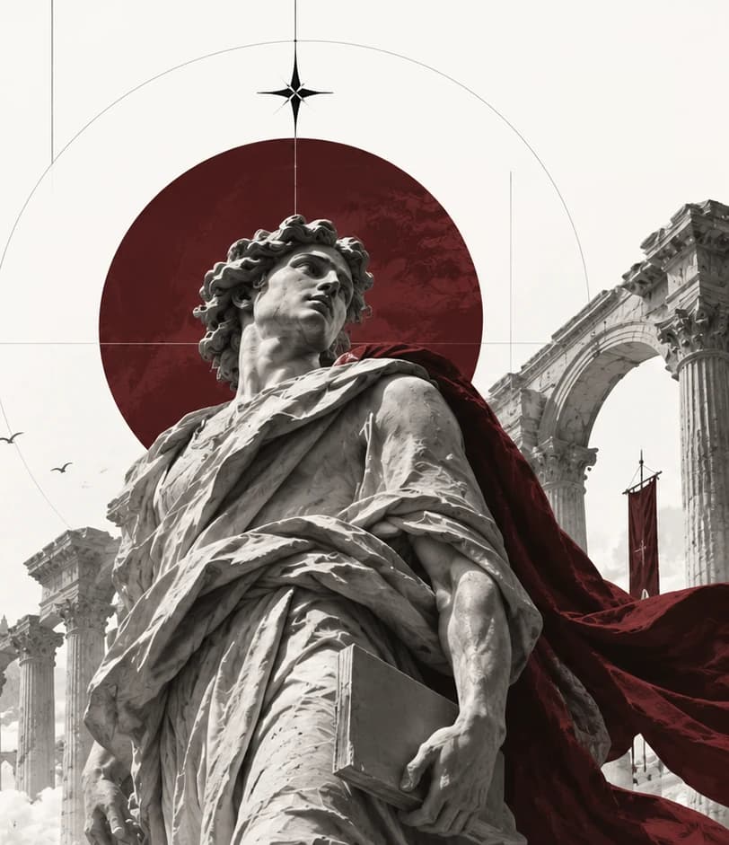 A marble statue in a red cloak rising in front of an oxblood sun and Roman arches